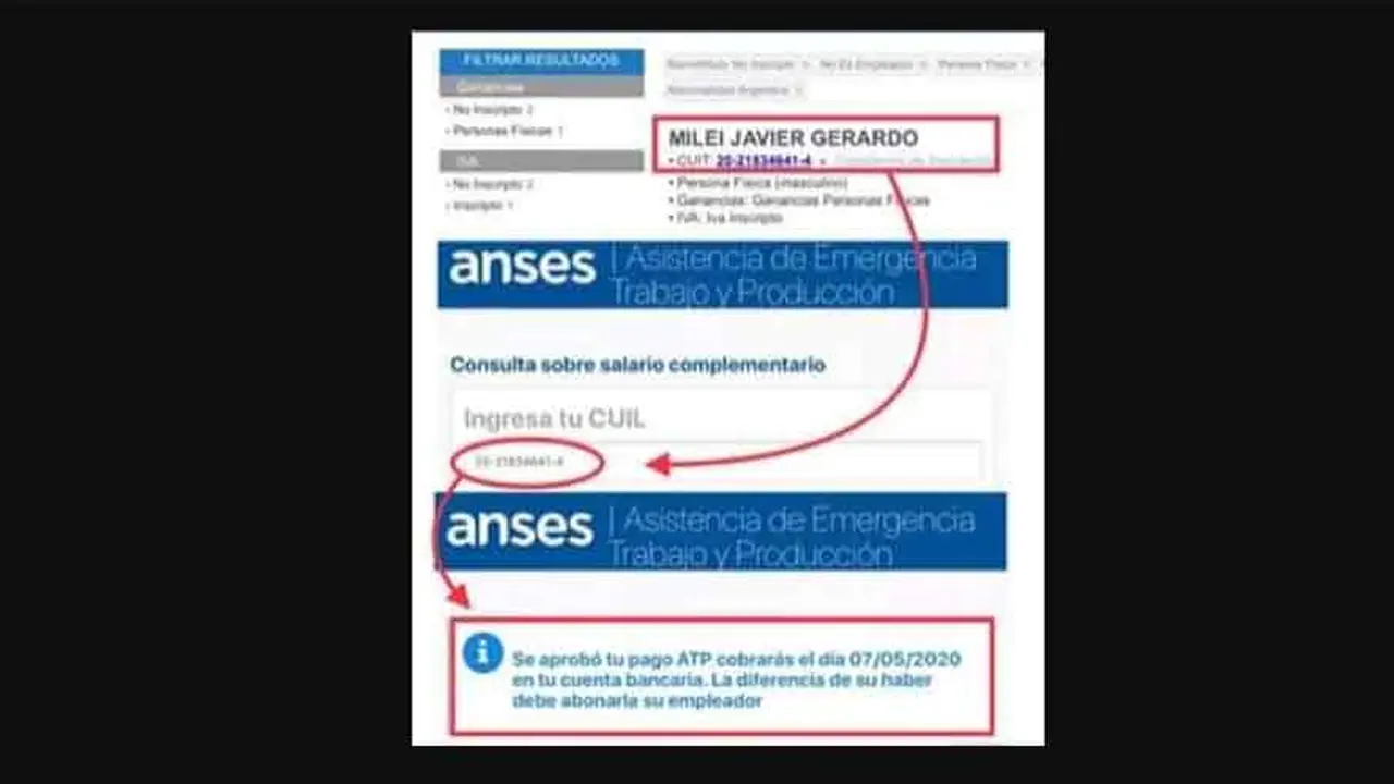 Captura de pantalla del cobro de ATP de Milei. Fuente: El Destape.