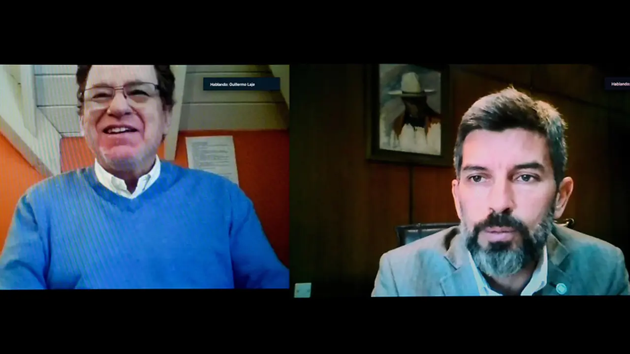 Encuentro virtual realizado para la firma del convenio. De izq. a der., Guillermo Laje, presidente del Banco Ciudad, y el intendente de la ciudad de Mendoza, Ulpiano Suárez.