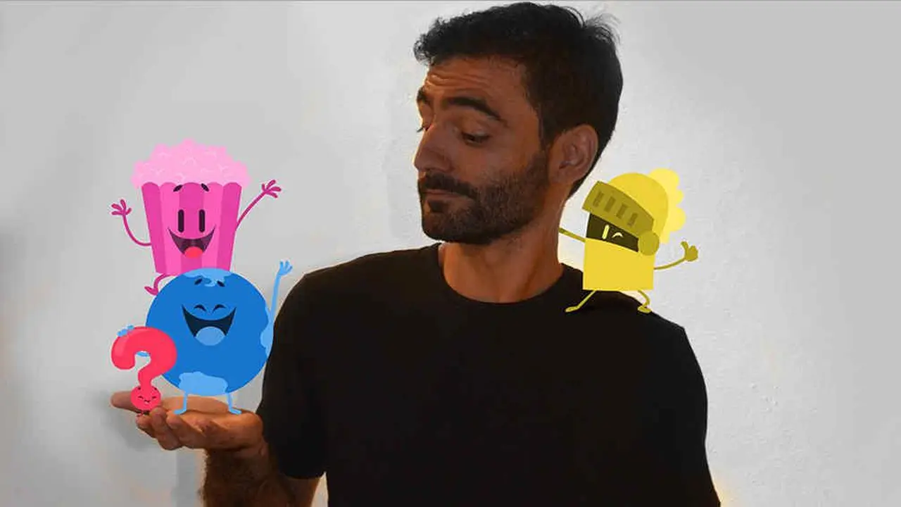 Máximo Cavazzani con uno de las primeros personajes de Preguntados.