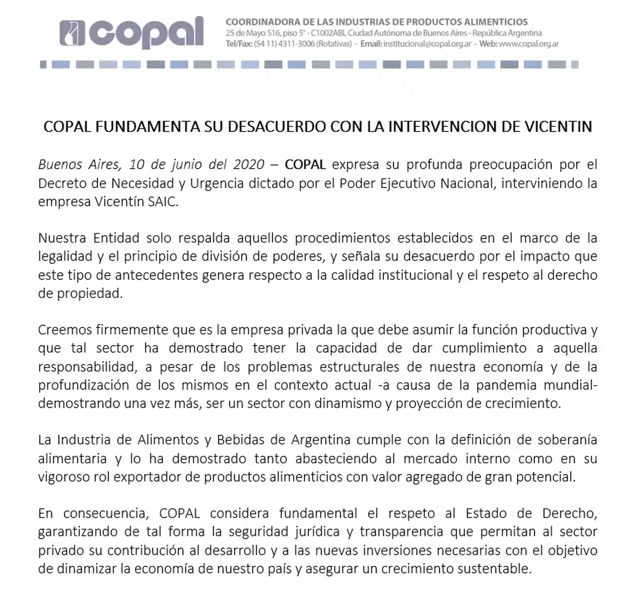 Vicentin: el comunicado completo de Copal.