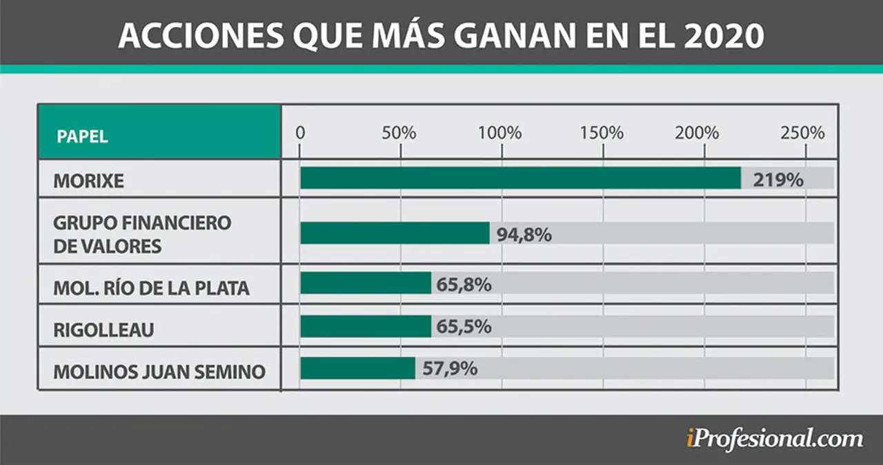 Un grupo de acciones acumuló en el primer semestre de 2020 importantes subas. Salvo una de ellas, el resto pertenece al Panel General de la Bolsa de Buenos Aires