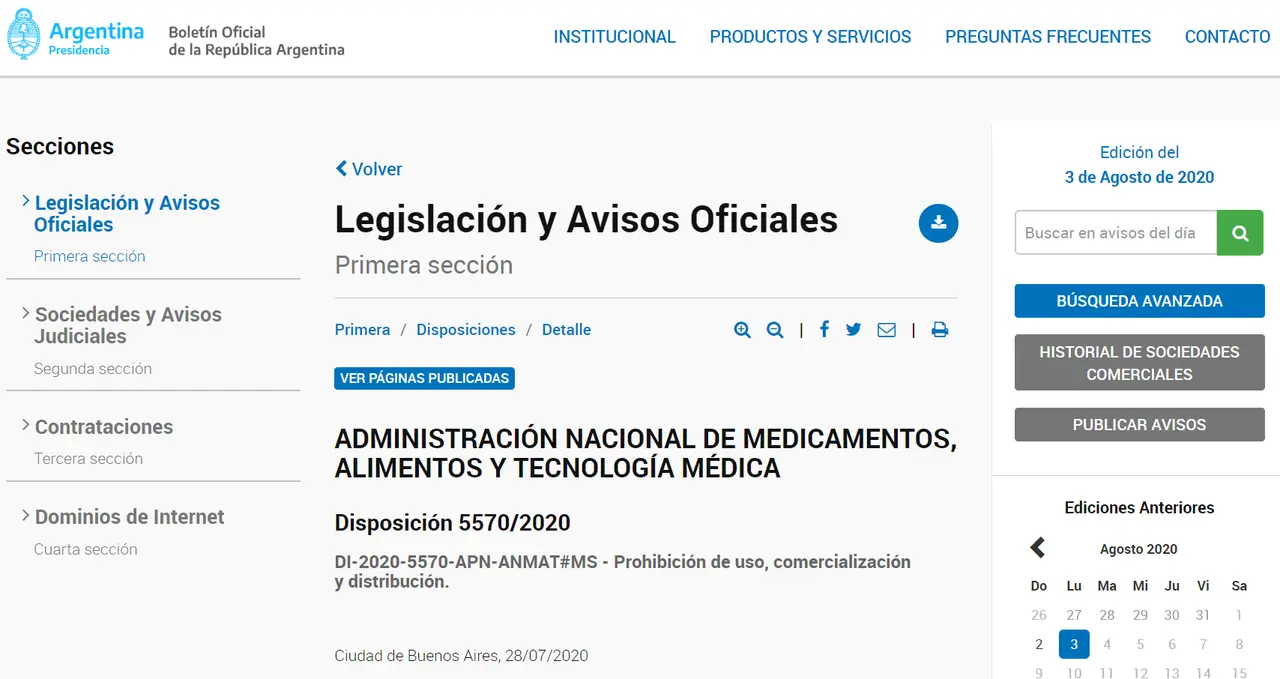 Esta es la disposición en la que ANMAT comunicó su decisión