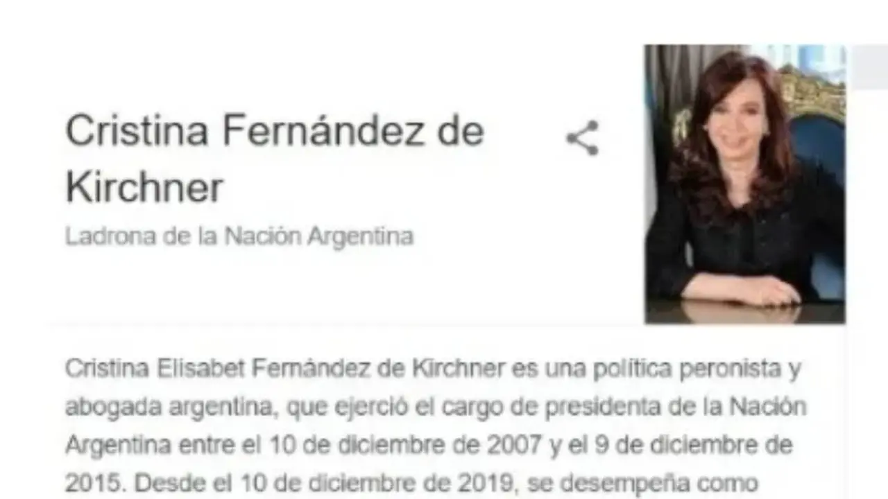 La expresidenta aparecía en el buscador de Google como 