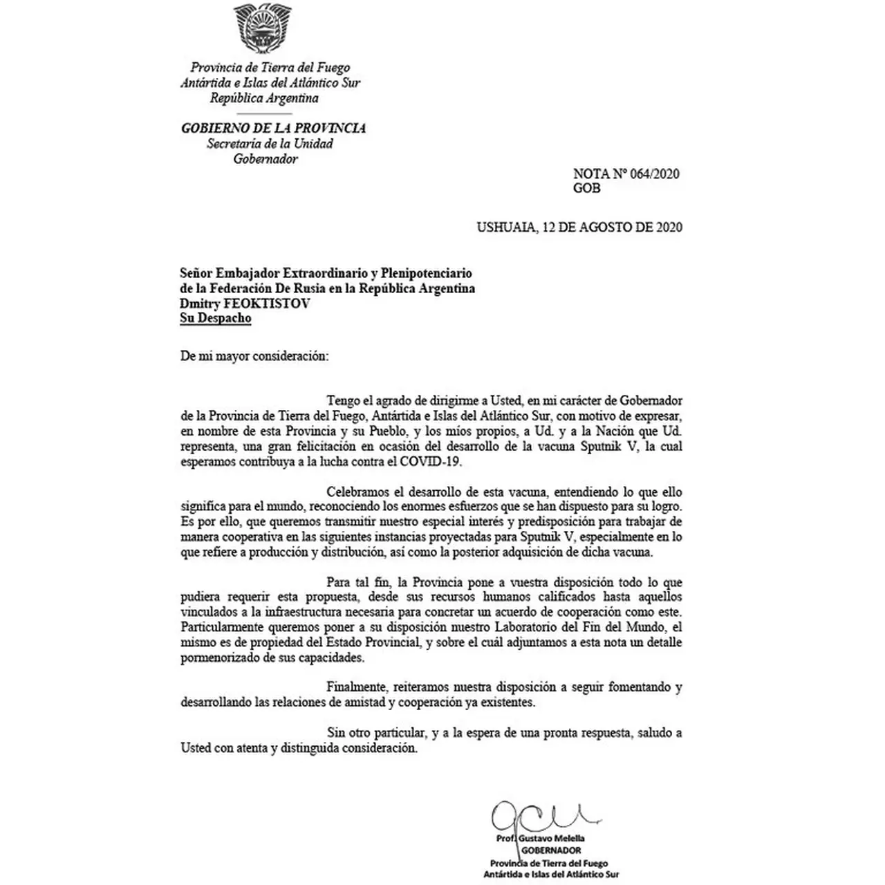 La misiva enviada por el gobernador de Tierra del Fuego.