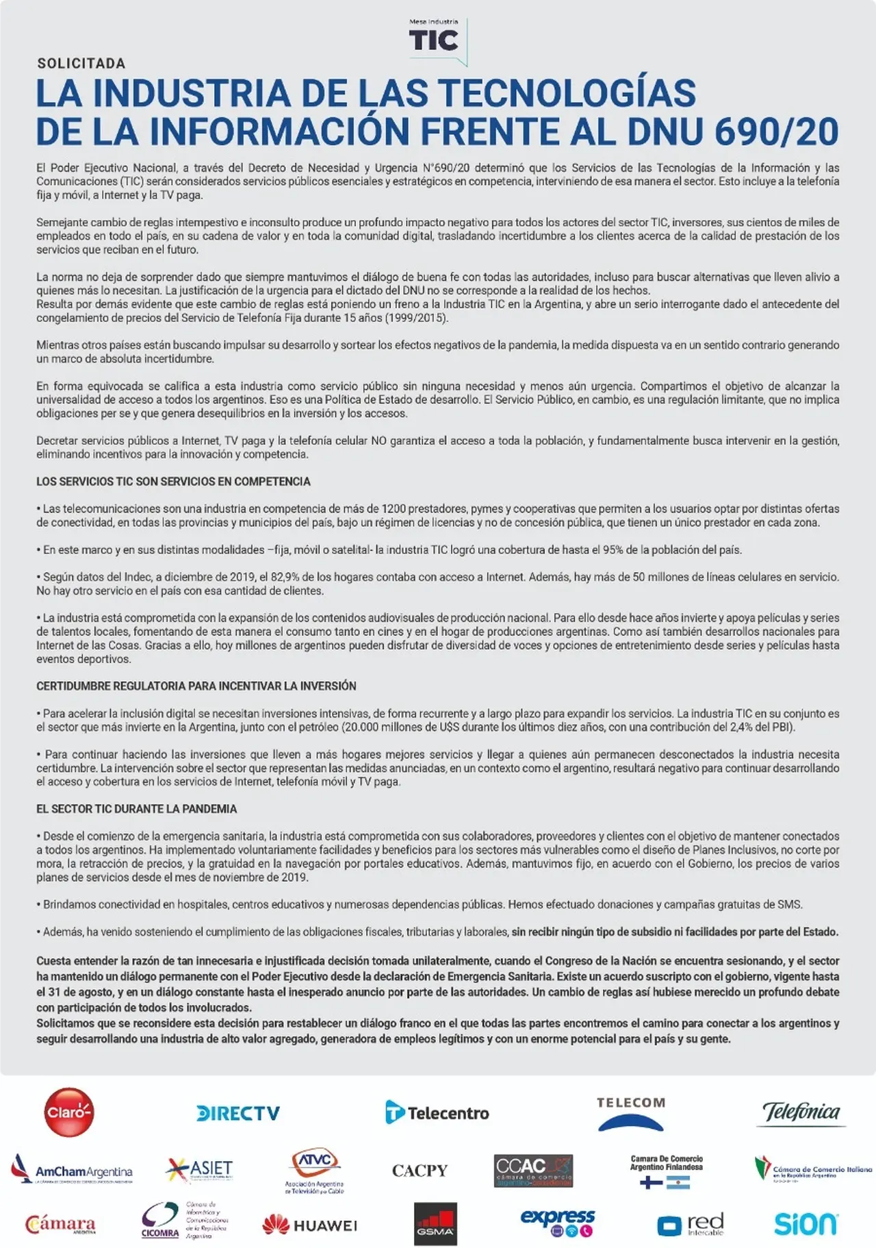 El DNU 690 fue tan sorpresivo que las empresas, las cámaras y diversas asociaciones se reunieron en una solicitada conjunta