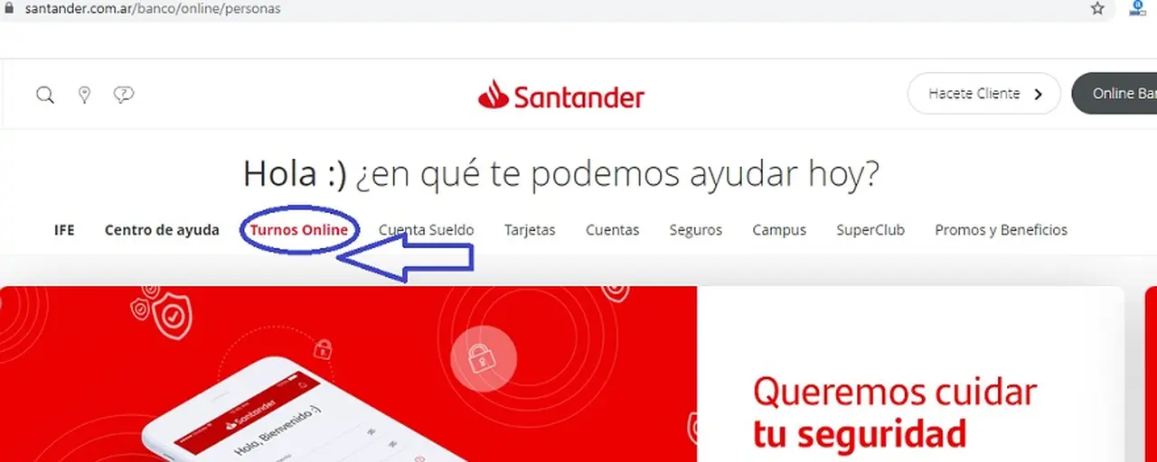 En un ejemplo al azar, se puede ver como en la web del Banco Santander se ofrece a simple vista la opción de sacar un turno online