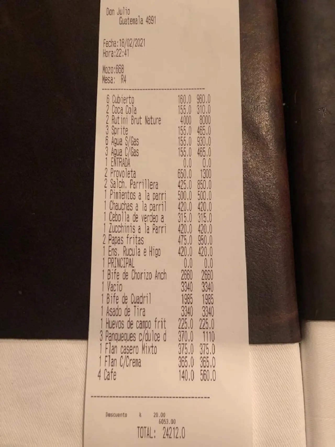 El ticket con los gastos en Don Julio.