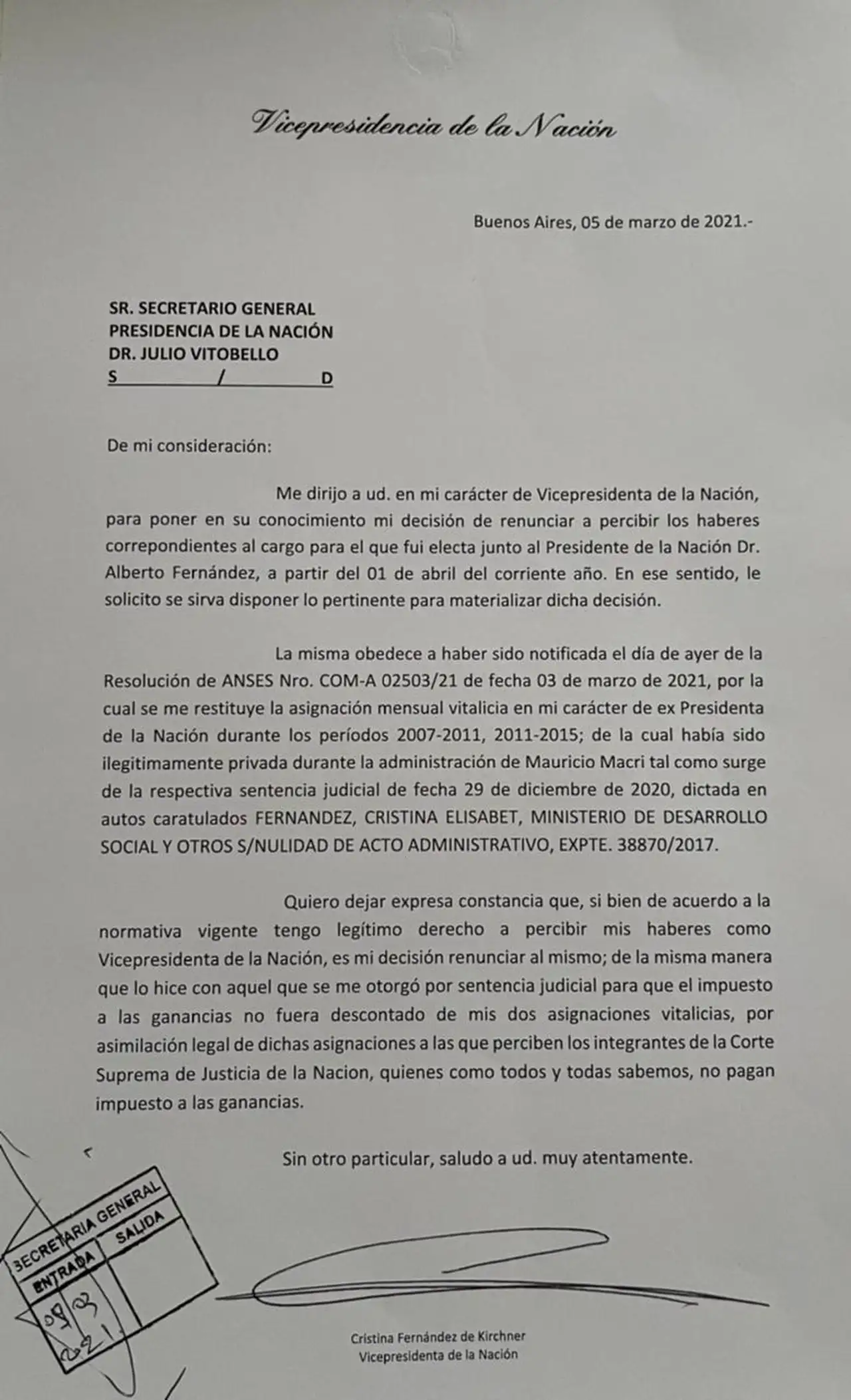 La carta que envió Cristina Fernández de Kirchner