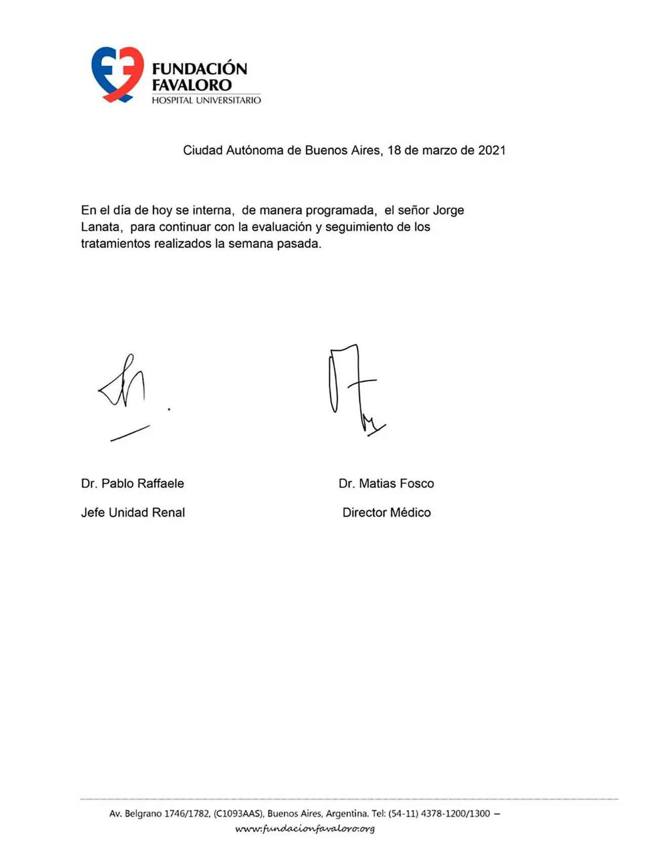 El informe de la Fundación Favaloro sobre la nueva internación de Lanata