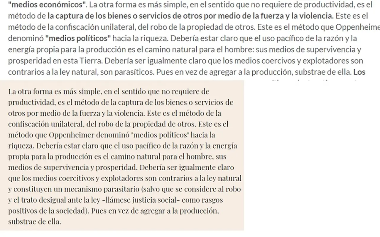 En fondo blanco, la teoría de Rothbard. Debajo, la columna de Milei