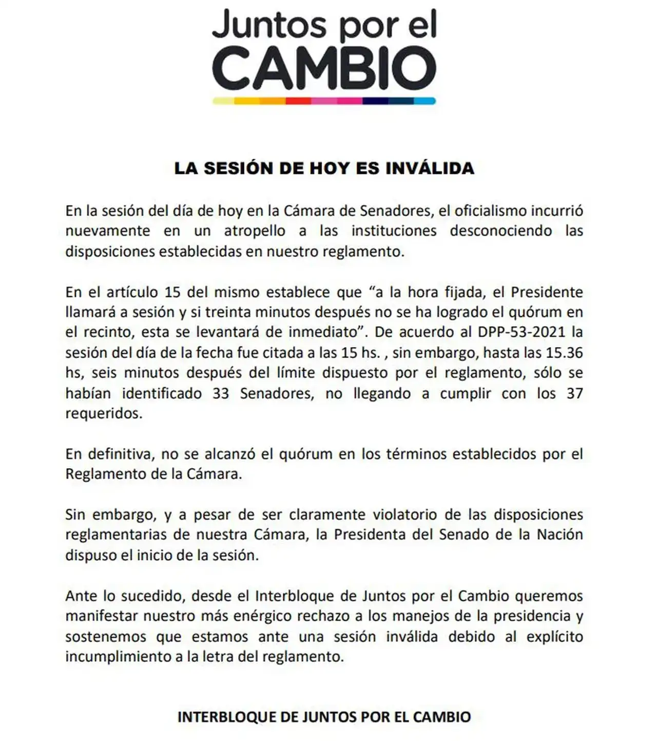 El comunicado del interbloque de Juntos por el Cambio.
