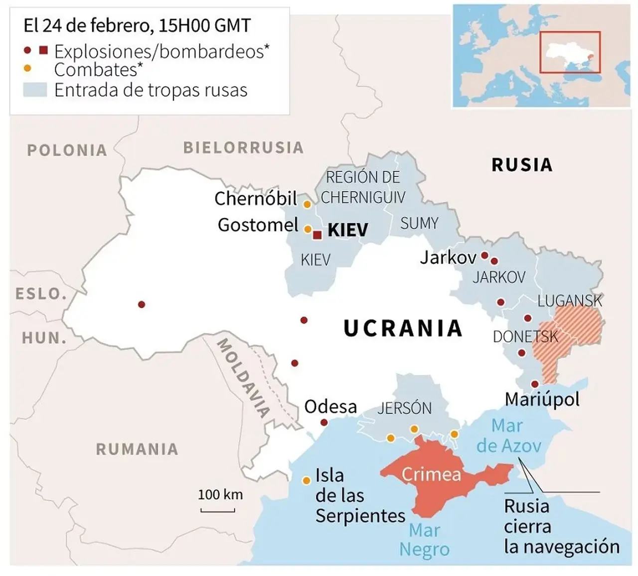 Zonas de tensión tras el ataque ruso a Ucrania.