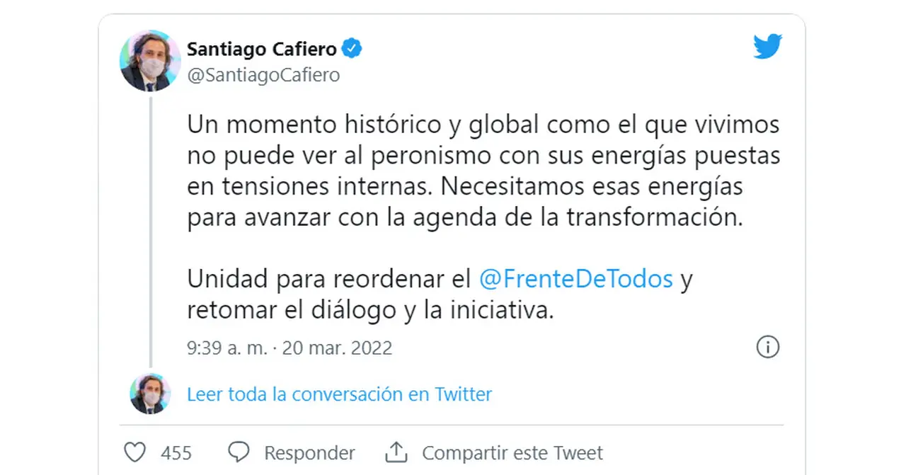 El tuit de Santiago Cafiero sobre la conflictiva realidad del Frente de Todos.