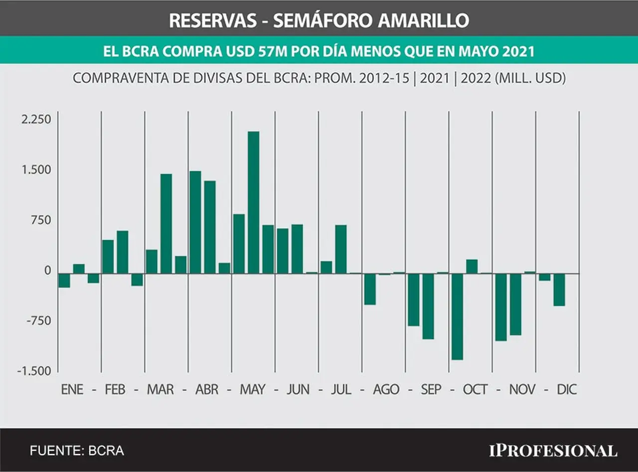 En mayo de 2021 el BCRA compraba un promedio diario de u$s110 millones, mientras que en lo que va del mes lo hace a un ritmo de u$s53 millones