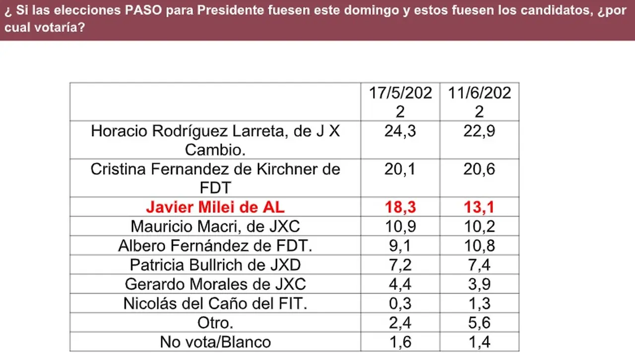 Milei permanece como el tercer candidato en importancia (Aragón y Asoc. junio 2022)