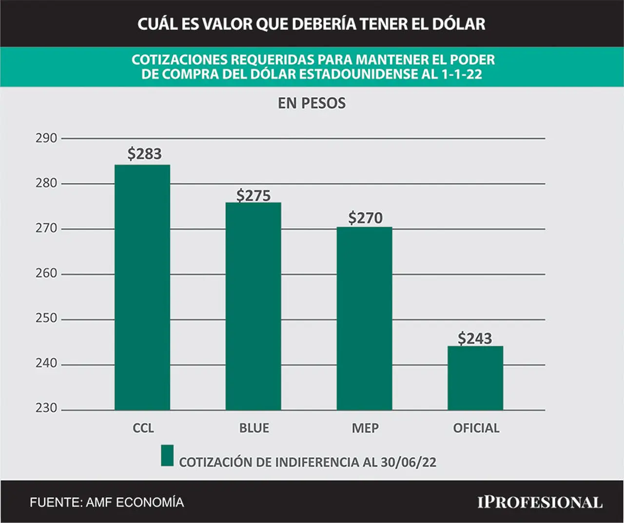 Si se considera el precio inicial del blue a comienzos del 2022, por inflación hoy debería estar en torno a los $275.