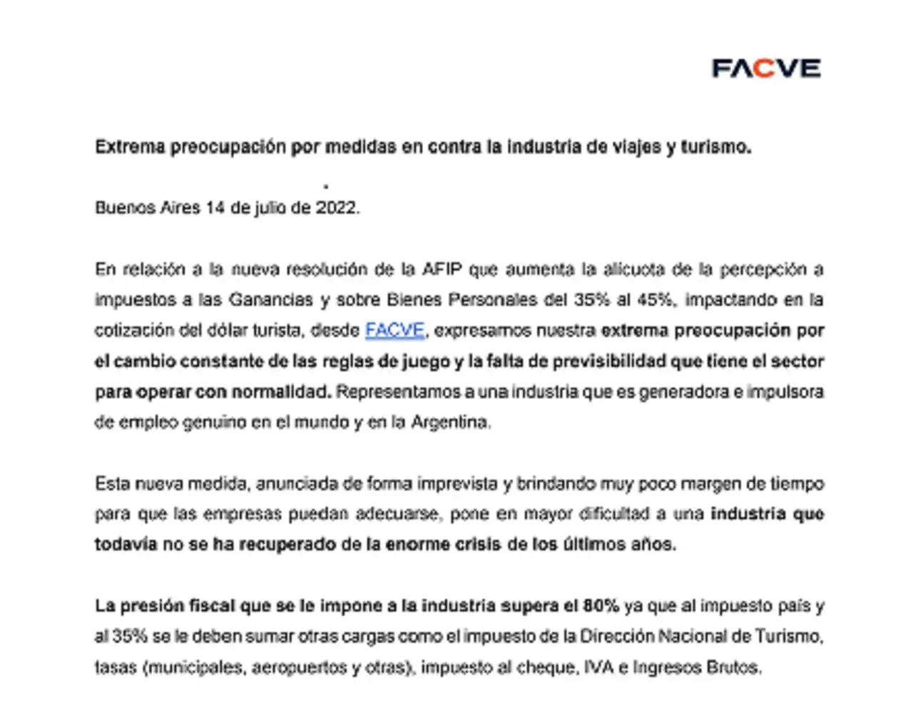 La FACVE también respondió con críticas a los anuncios de Batakis.