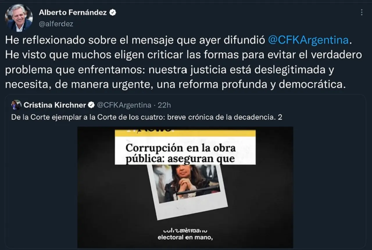El presidente Alberto Fernández hizo eco de la crítica de Cristina  a través de un hilo en Twitter.