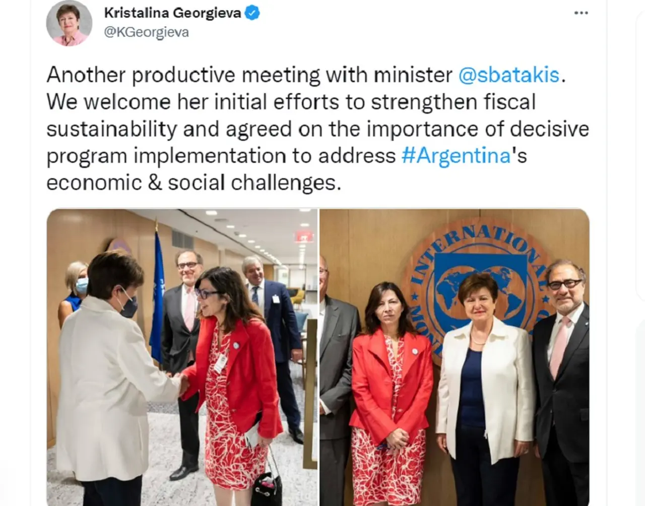 Georgieva publicó las imágenes del encuentro con Batakis. 