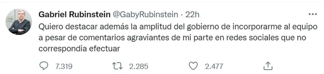 El tuit con el que Rubinstein ensayó su disculpa al kirchnerismo.