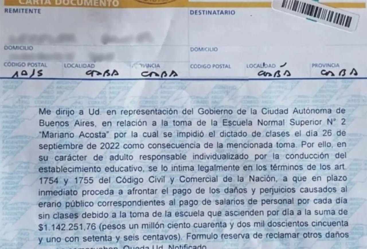 La carta documento del GCBA a los padres por la toma de colegios y el millonario monto que les reclama