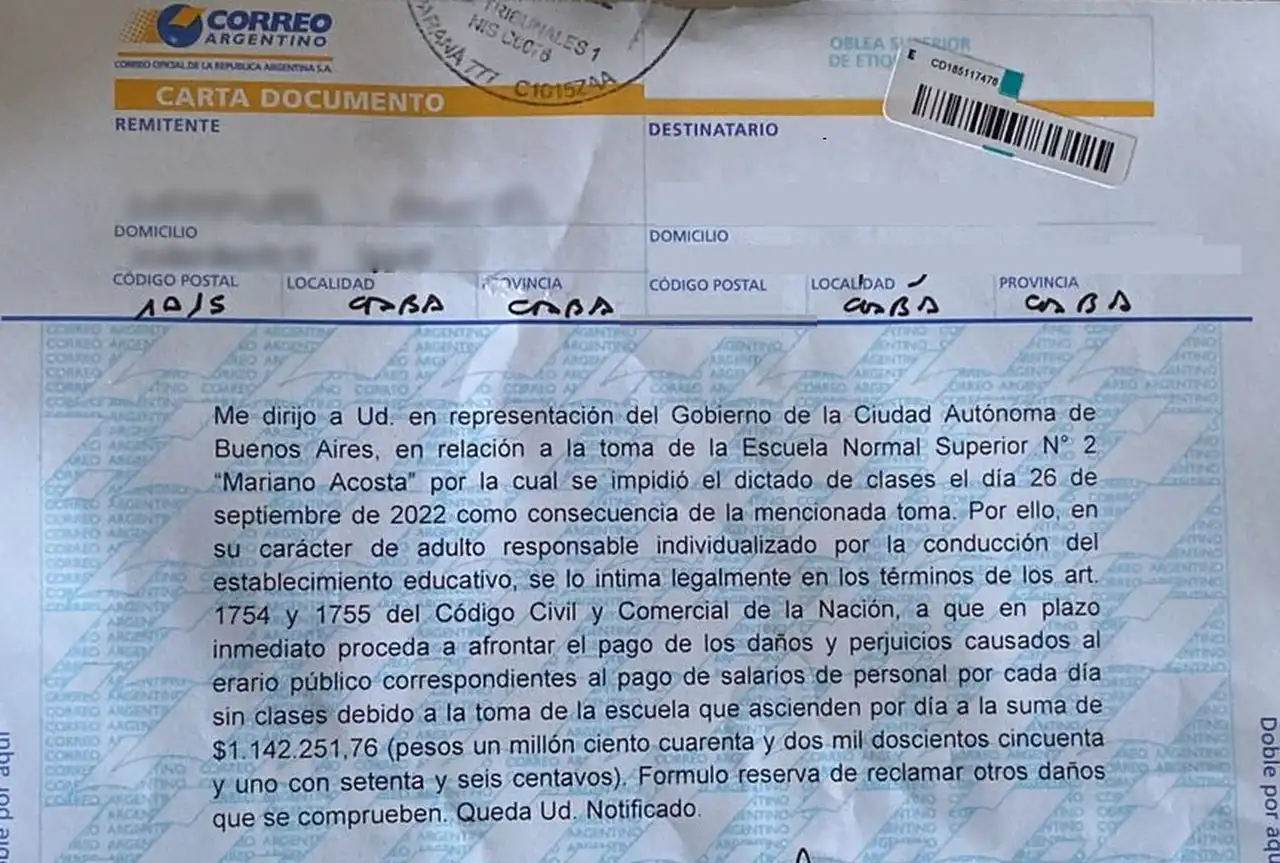La carta documento que reclama el pago de más de $1 milllón por día.
