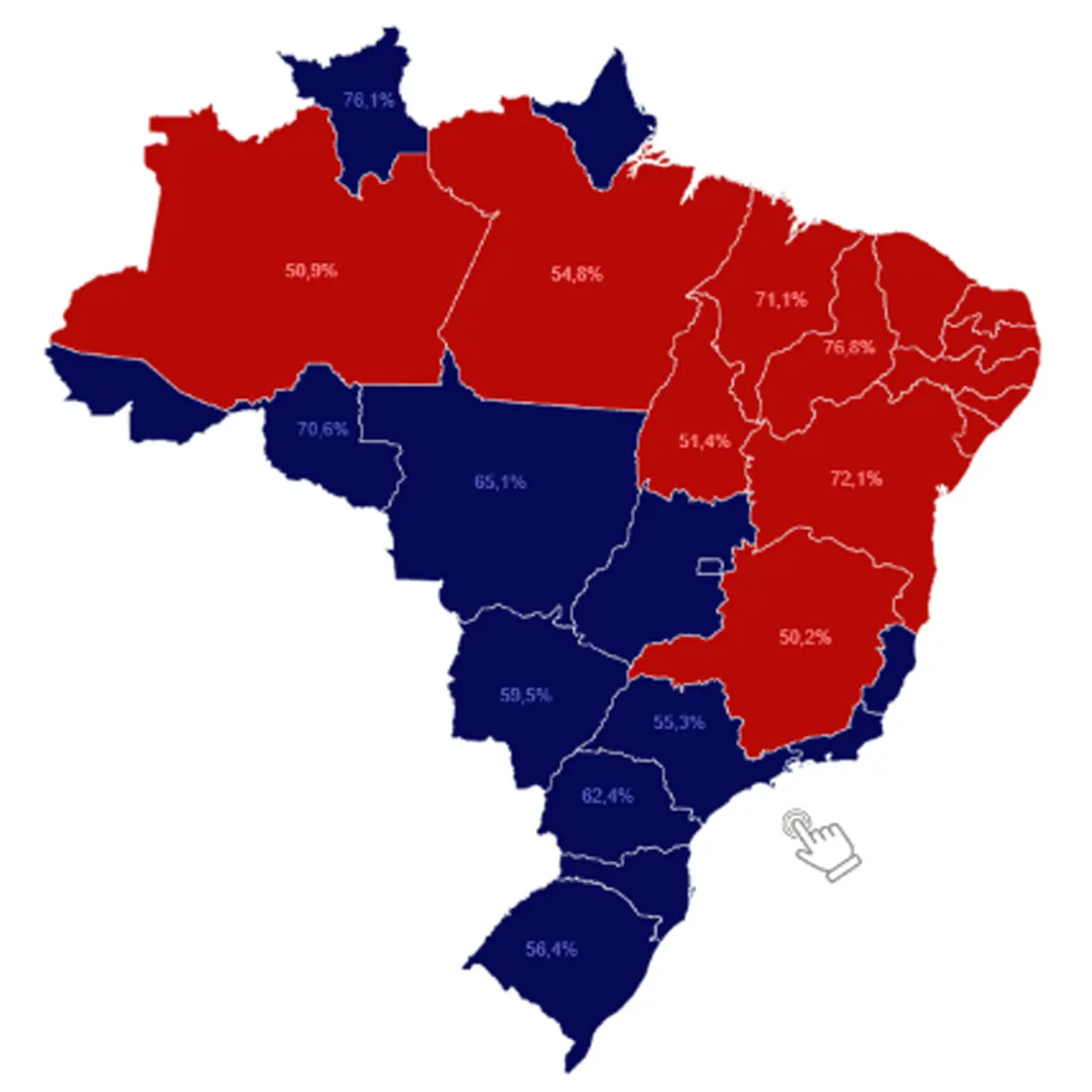 El rojo corresponde a Lula, y el azul, a Bolsonaro.