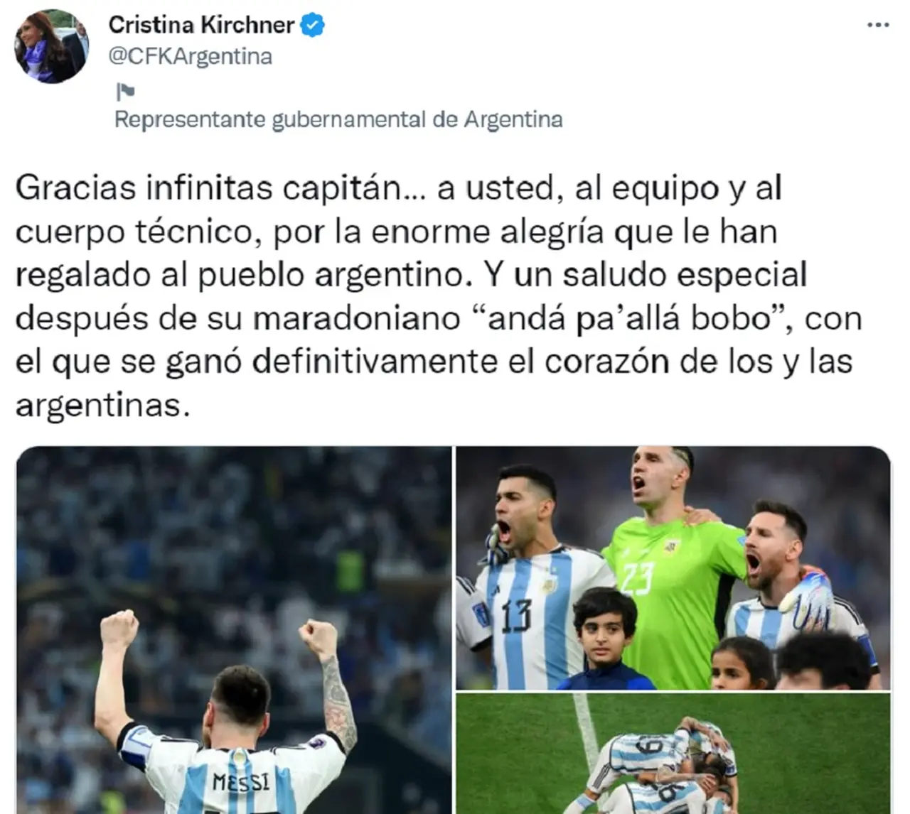 La vicepresidenta Cristina Kirchner dedicó un mensaje a Messi y la Selección argentina.