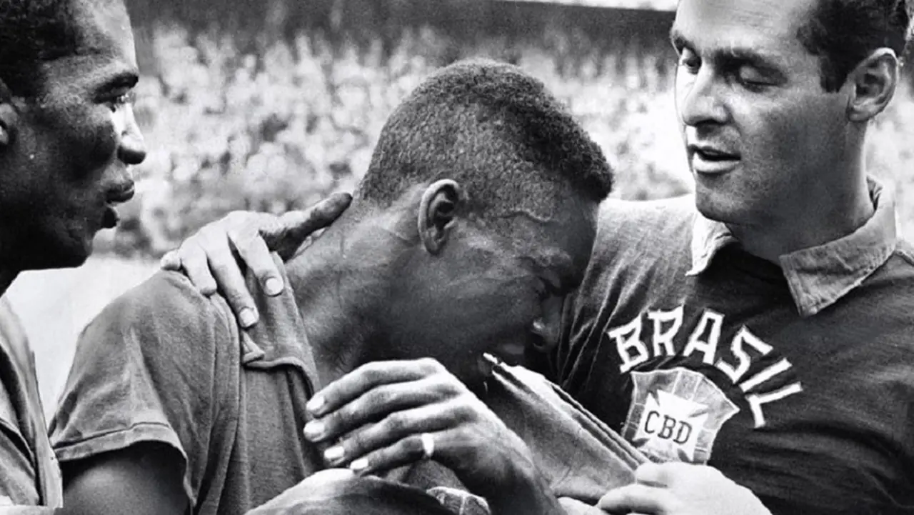 Pelé, de 17 años, llora en el hombro del portero Gilmar después de que Brasil ganara la final de la Copa del Mundo de 1958.