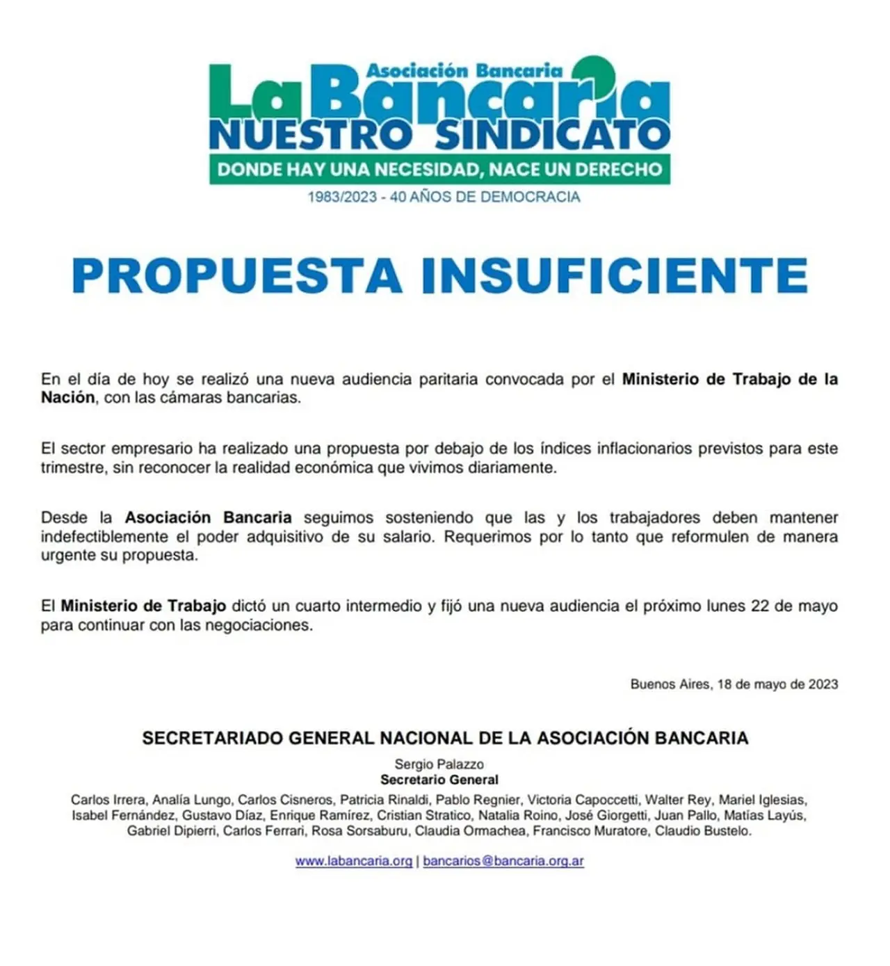 El comunicado que difundió La Bancaria tras una nueva reunión.