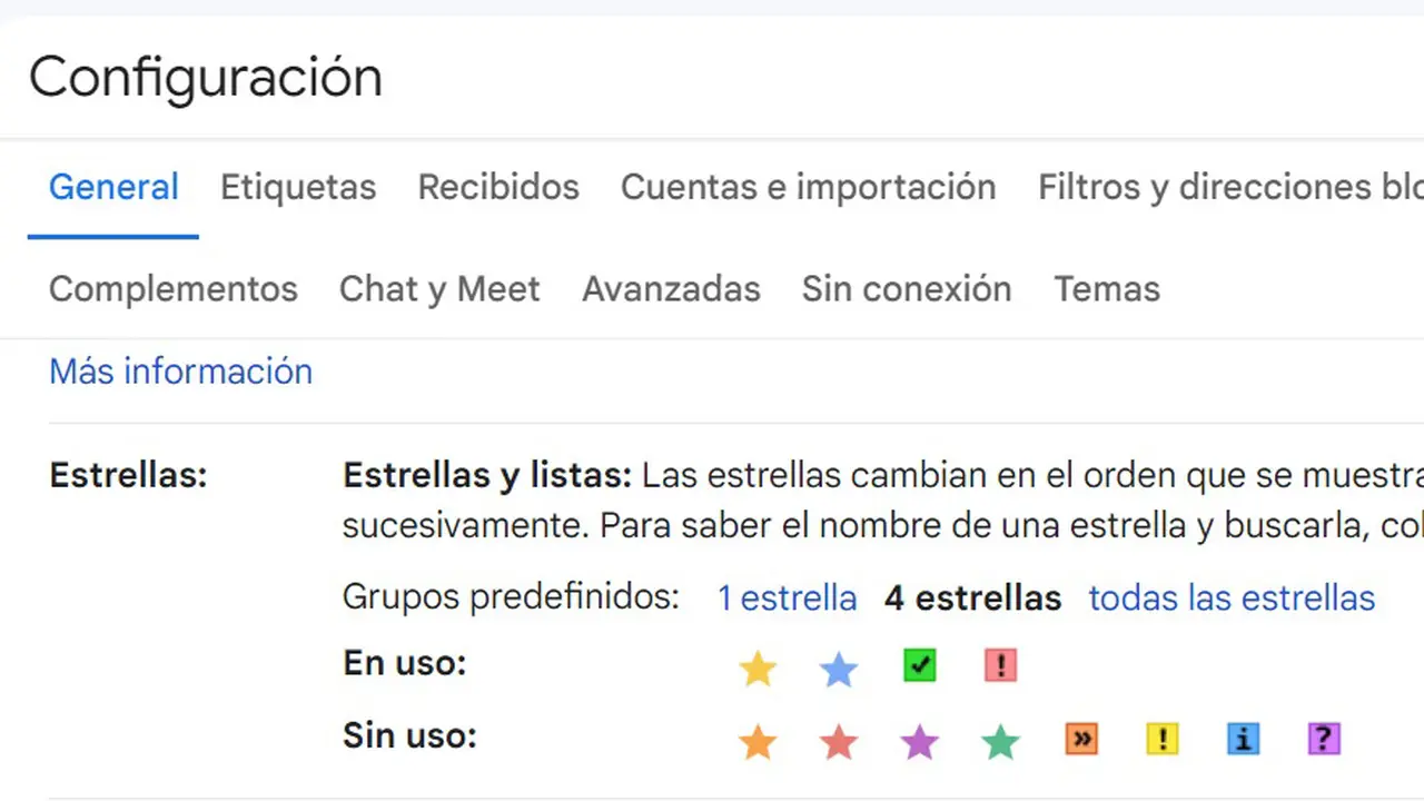 Gmail permite emplear estrellas de varios colores para identificar cada mail o conversación.