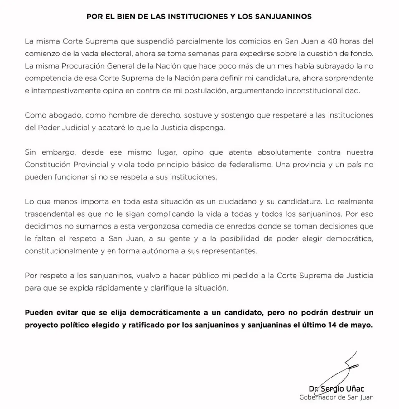Uñac compartió una carta en su cuenta oficial de Twitter.