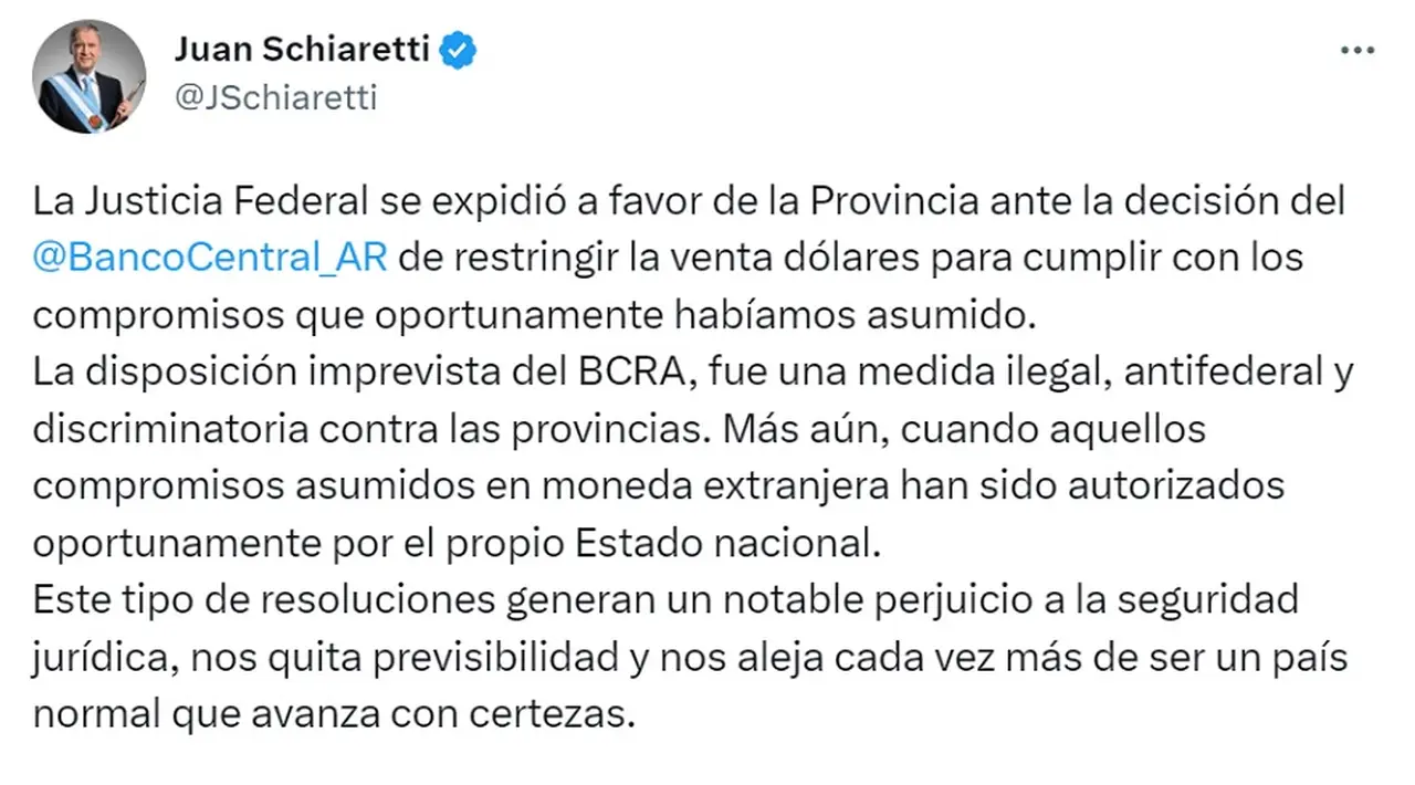 Schiaretti hizo foco de la decisión de la Justicia en su cuenta oficial de Twitter.