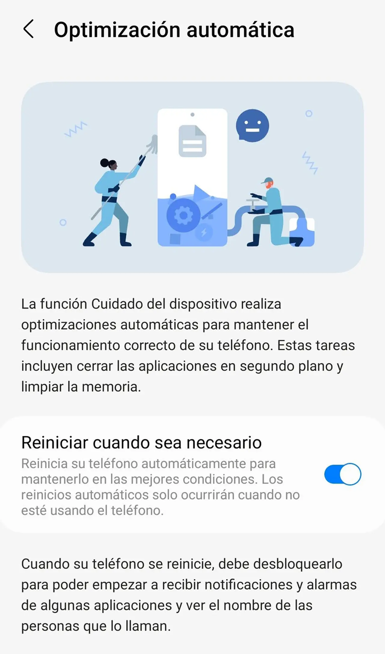 Podés hacer que la optimización automática se reinicie por sí sola cuando sea necesario.