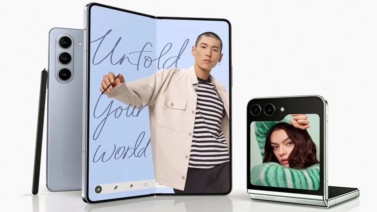 De izquierda a derecha: celulares Samsung Galaxy Z Fold 5 y Flip 5.