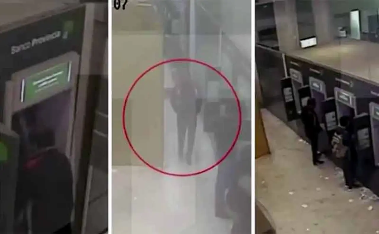 En el círculo, Rigau haciendo una extracción en un cajero automático en La Plata.