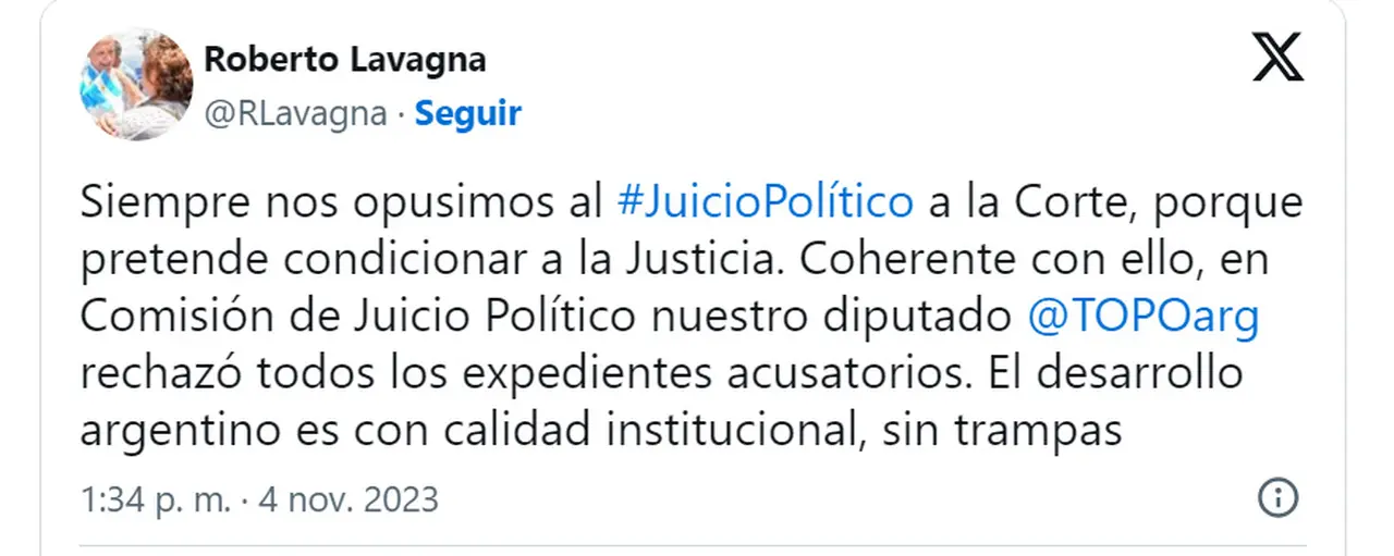 Roberto Lavagna, contra el juicio a la Corte Suprema.