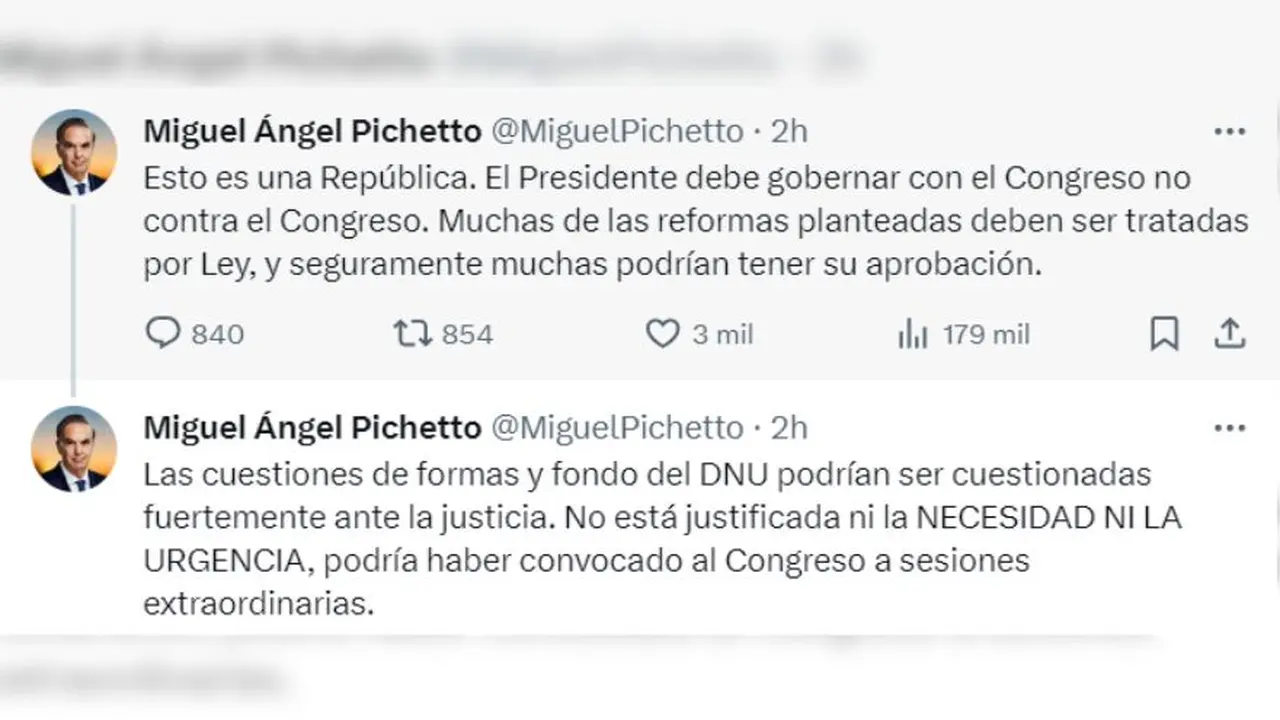 Pichetto se mostró en contra del DNU de Milei
