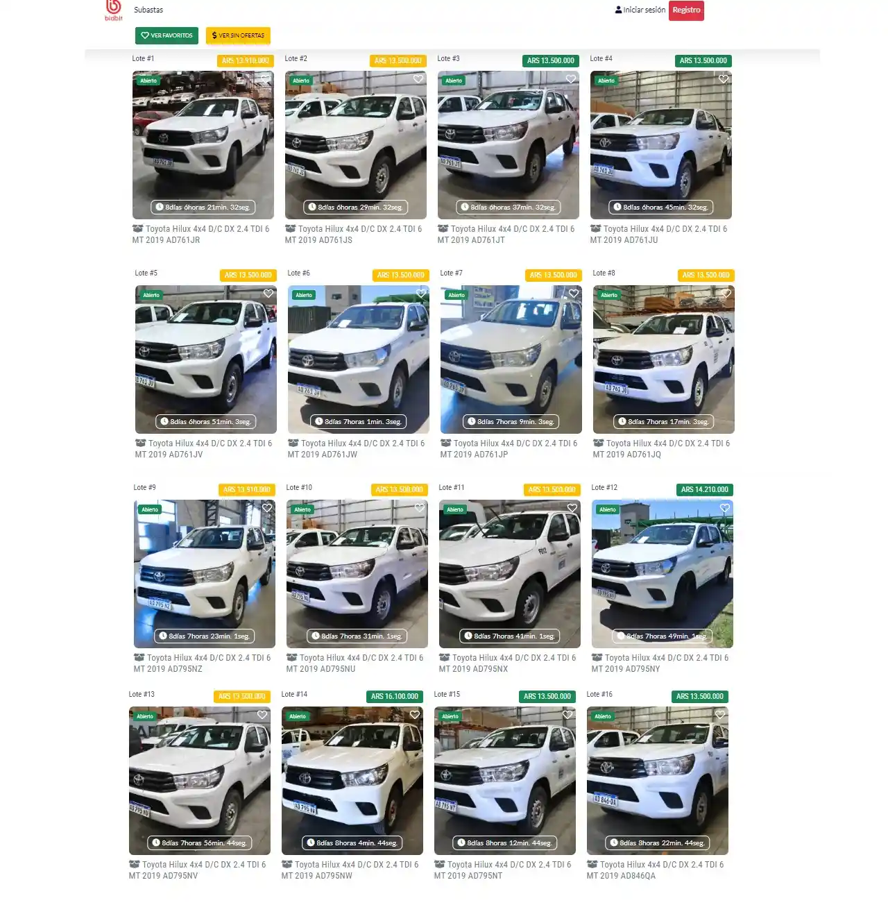 Las 16 camionetas Toyota Hilux a remate.