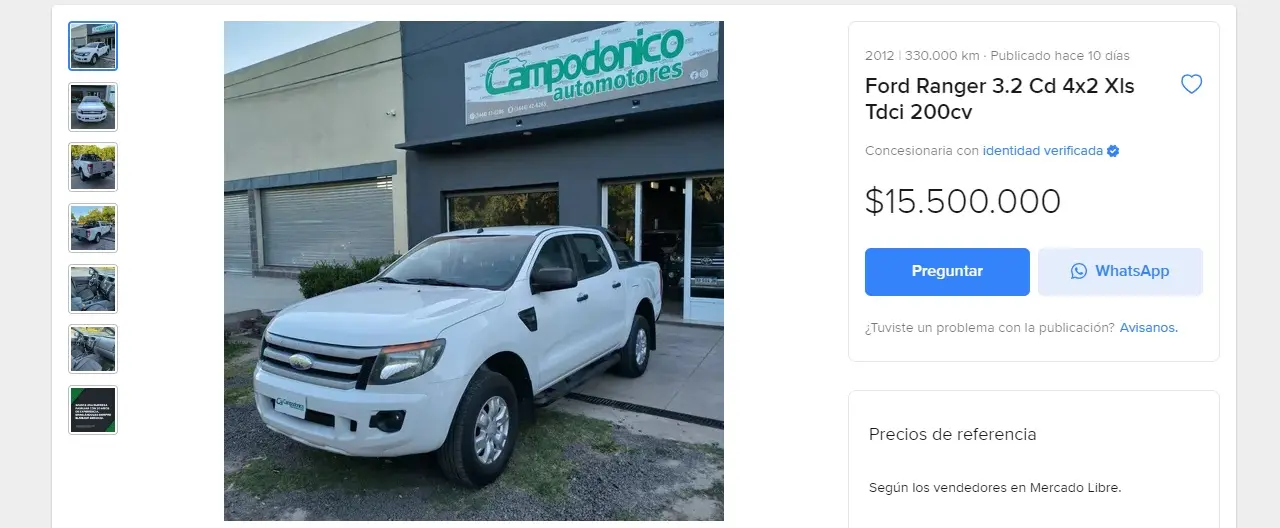 Ford Ranger 2012 con más de 300.000, una opción publicada en Mercado Libre.