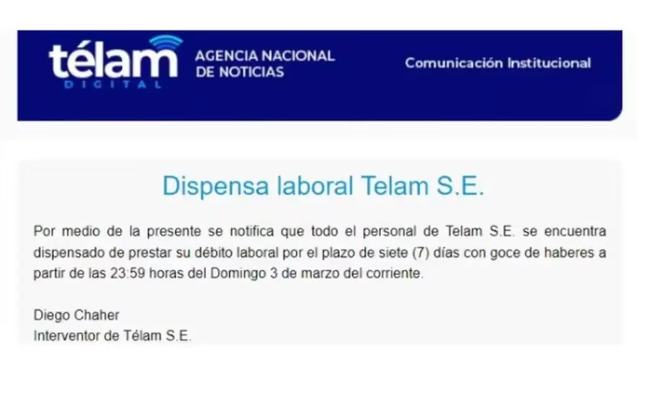 Dispensa laboral que emitió Telam