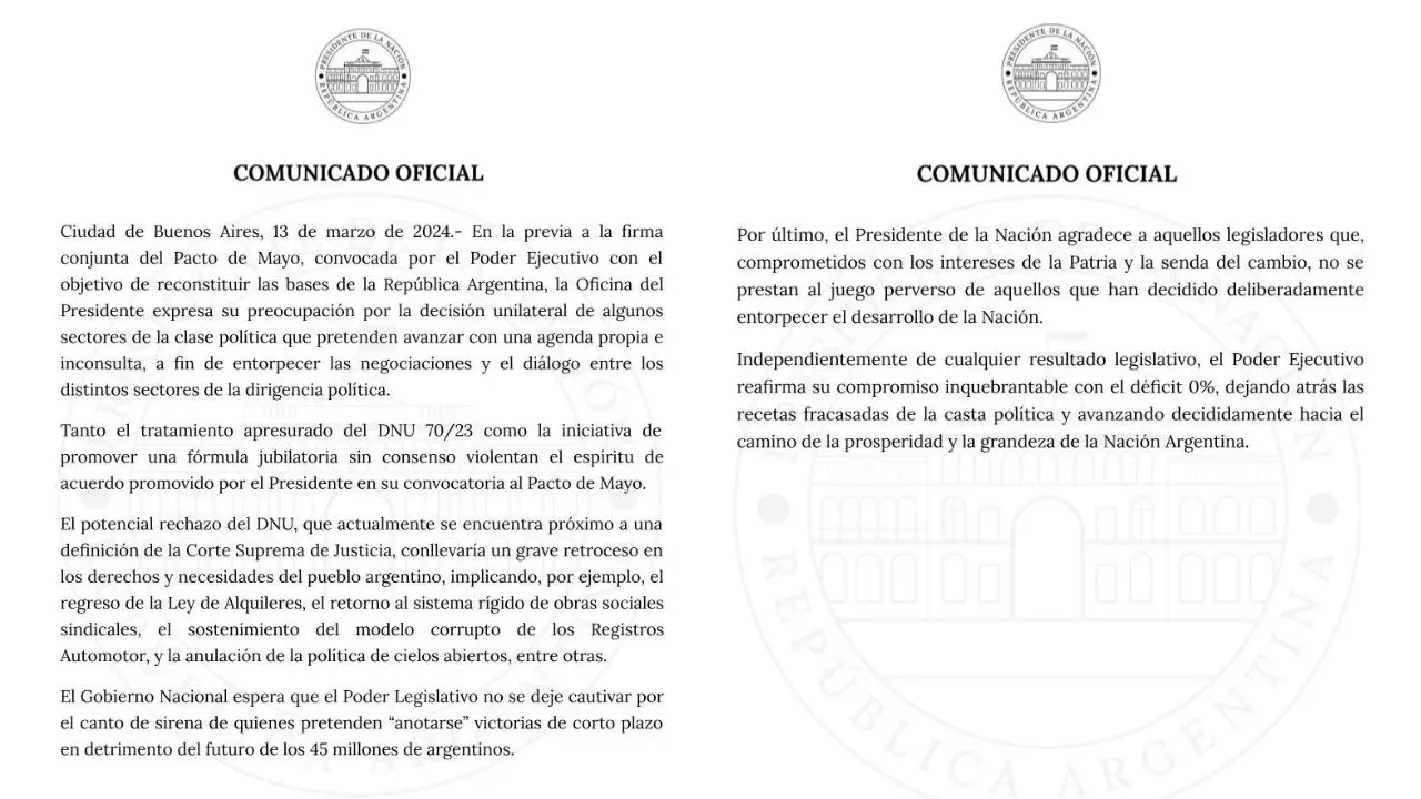 El comunicado publicado por la Oficina del Presidente, en el que Javier Milei apuntó sin mencionarla contra Victoria Villarruel