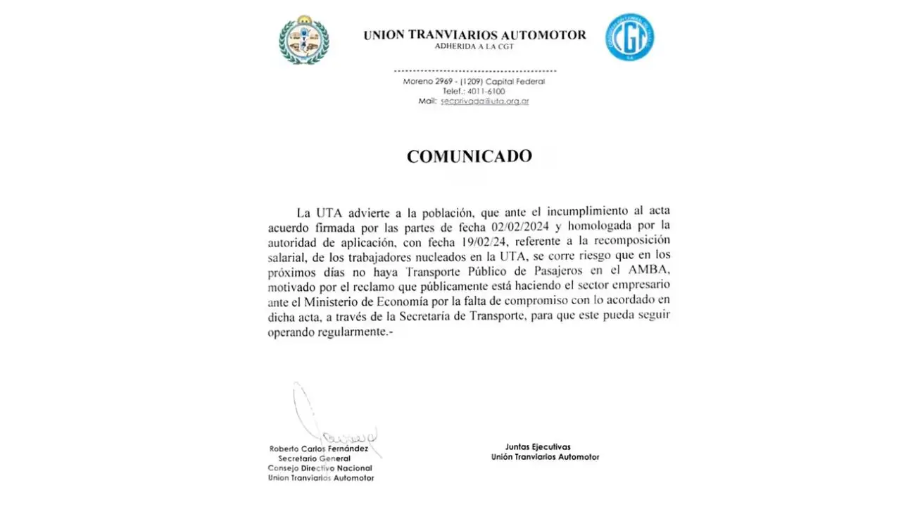 El comunicado de la UTA en el que amenaza con un paro de colectivos