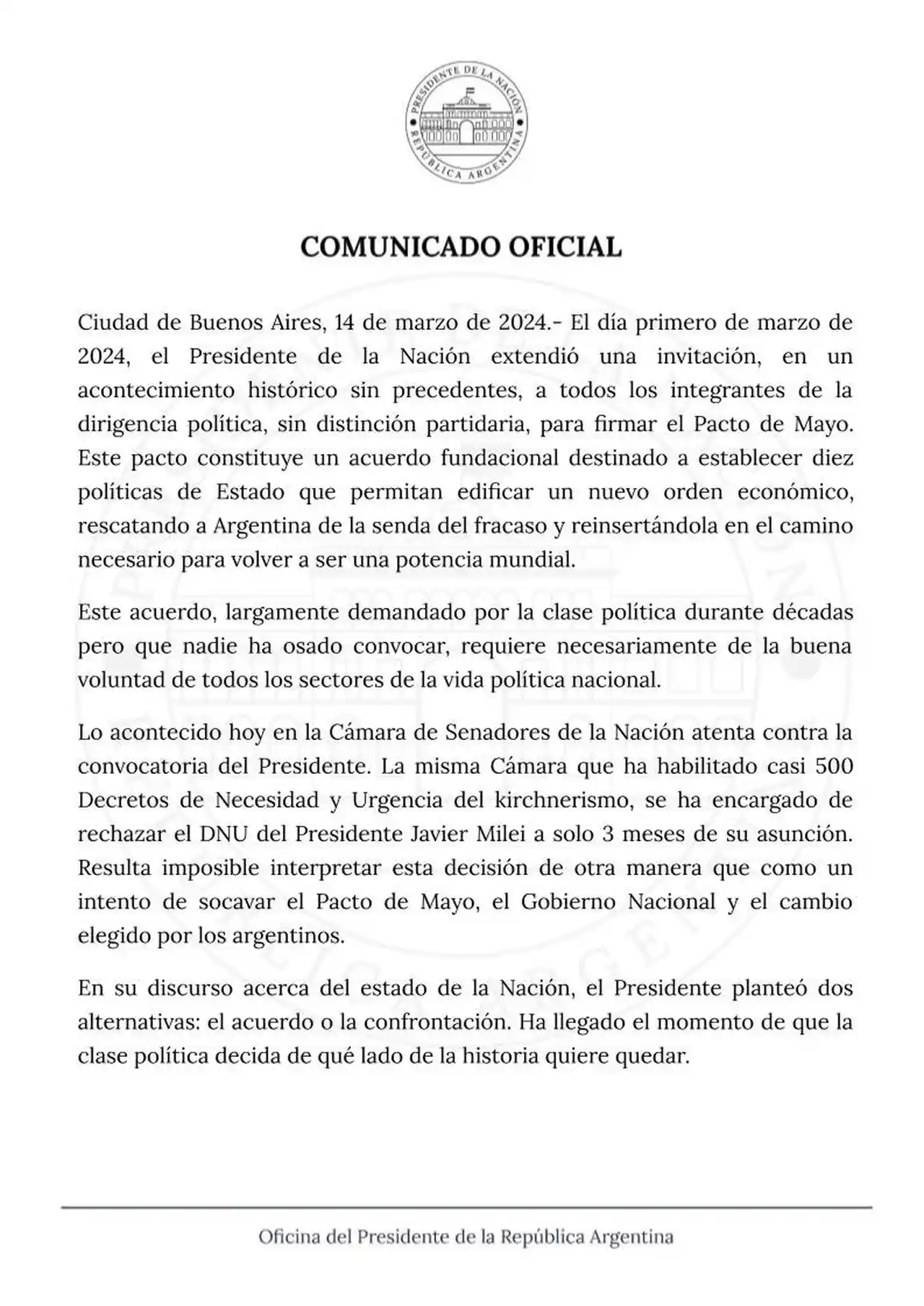 Comunicado del Gobierno tras el rechazo del Senado al DNU