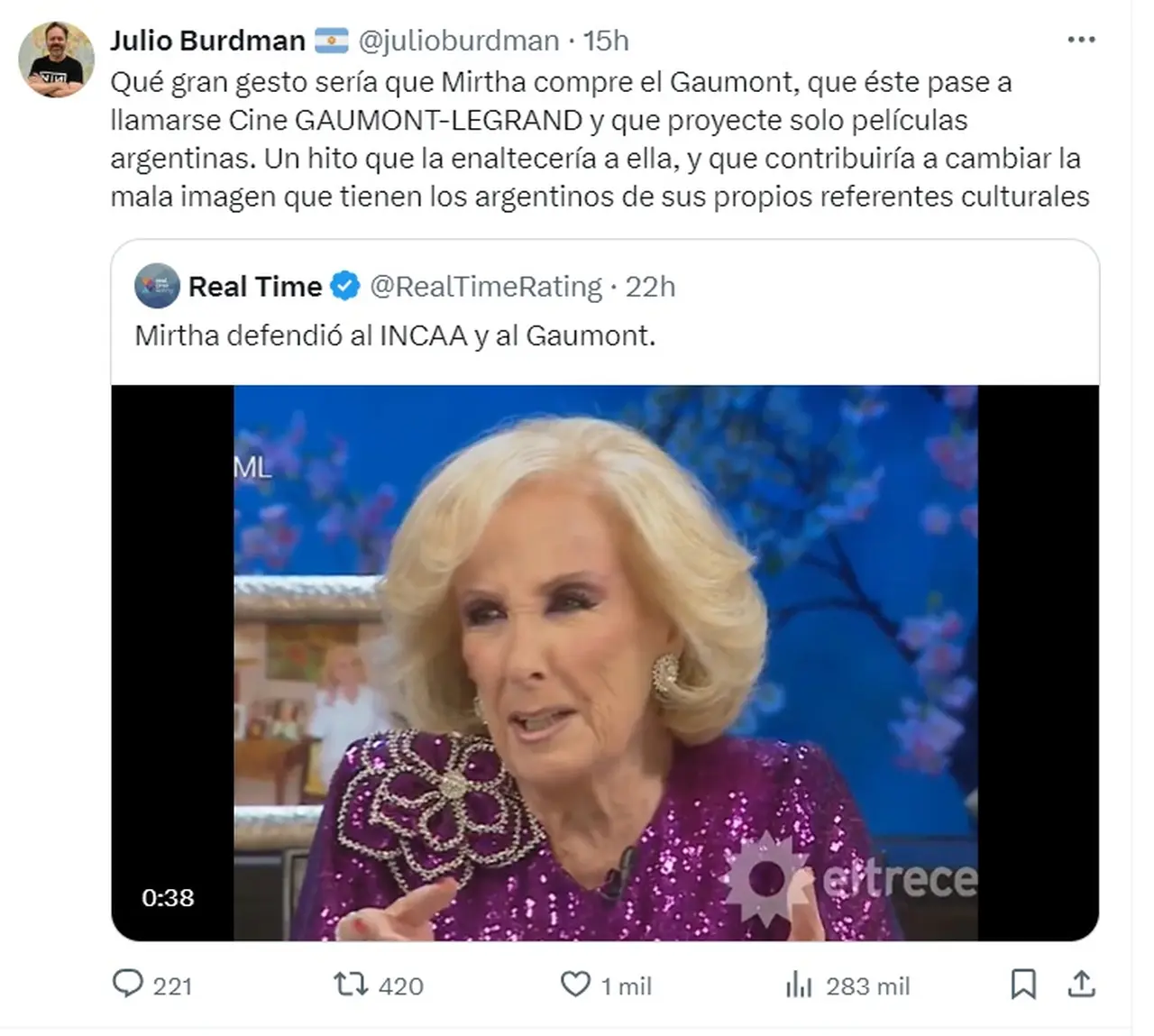 El mensaje que retuiteó Javier Milei sobre Mirtha Legrand.
