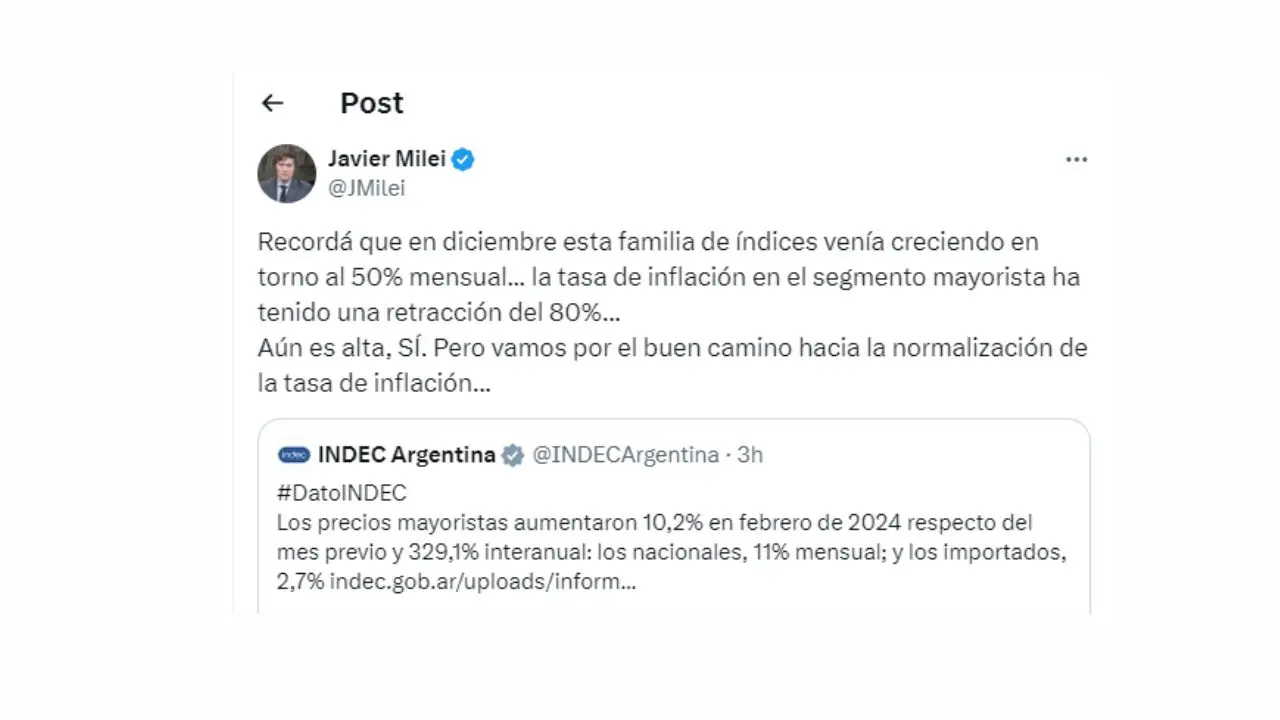 El mensaje que escribió en X Javier Milei luego del dato de inflación mayorista del INDEC