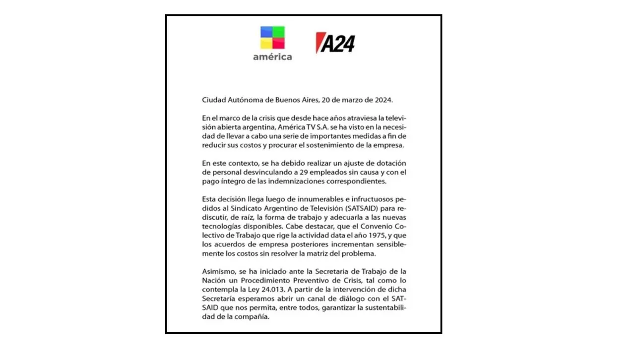 El comunicado de América TV luego de anunciar los 29 despidos