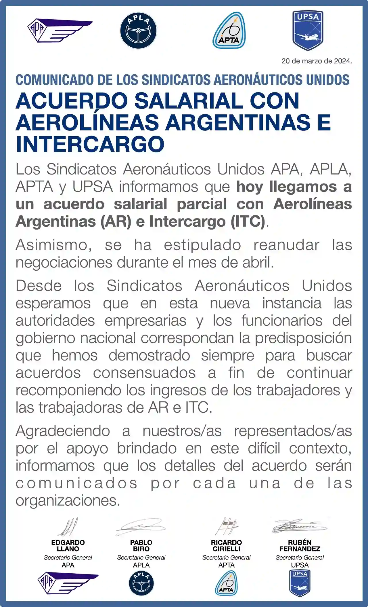 El comunicado que difundió la Asociación de Pilotos de Lineas Aéreas.