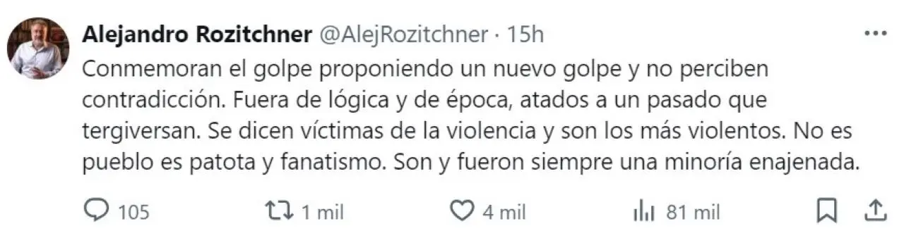 El tuit del filósofo Alejandro Rozitchner cuestionando a Estela de Carlotto, que fue replicado por Milei
