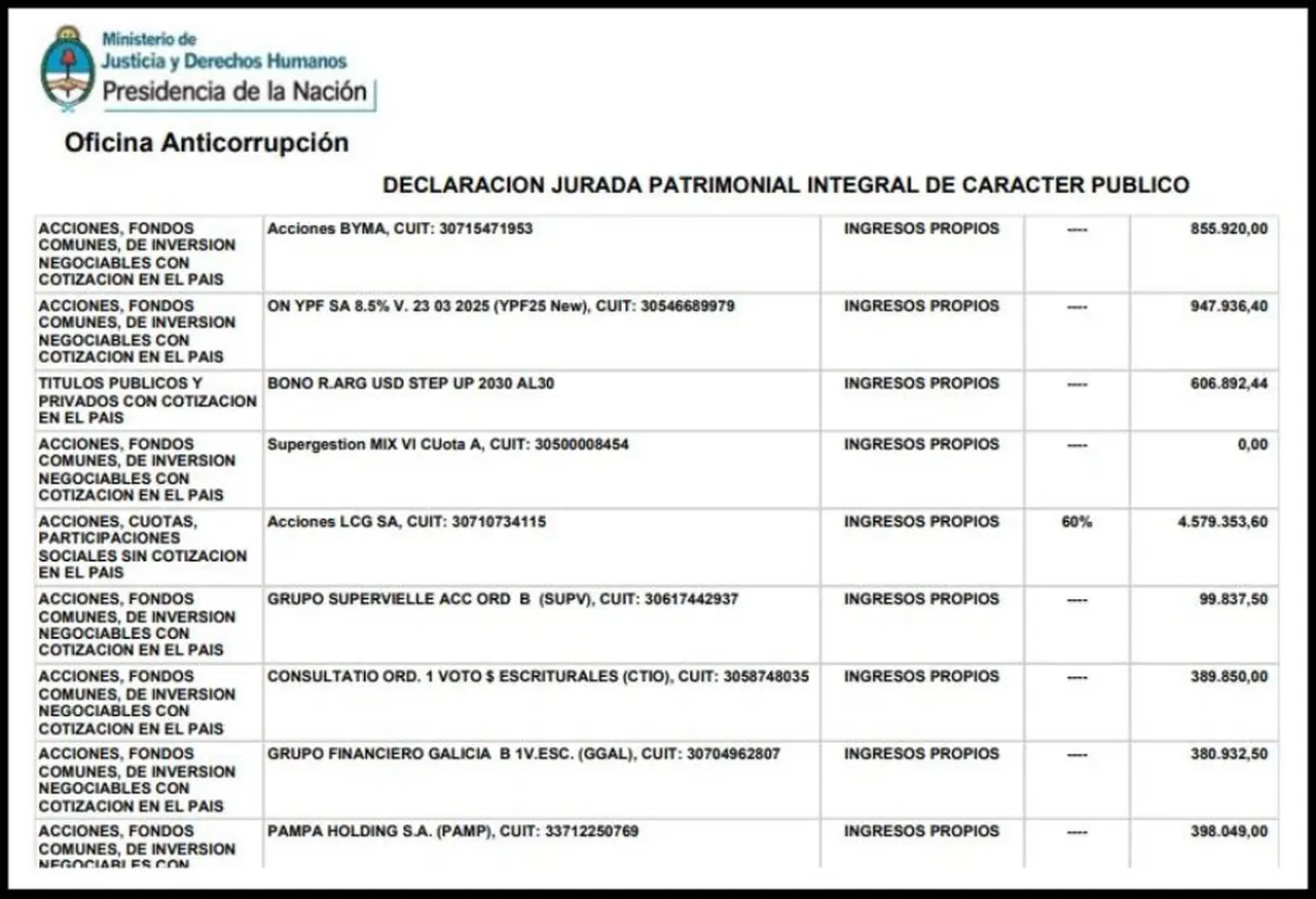 La declaración jurada de Lousteau refleja que cuenta con el 60% del paquete accionario de la consultora LCG S.A.